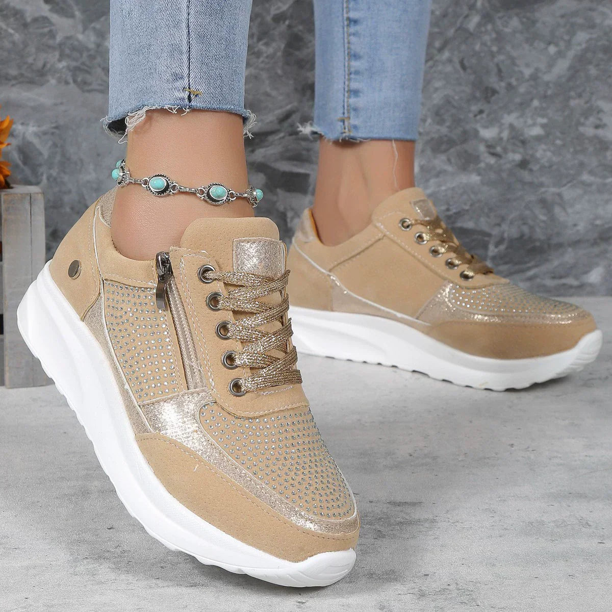 Damen Modische Plateau Sneaker | mit Schnürung und Reißverschluss
