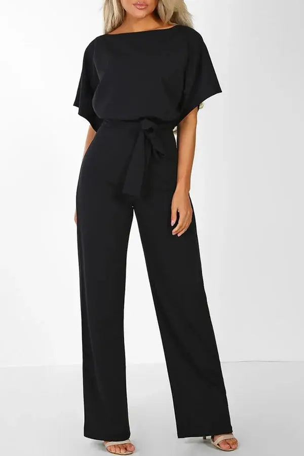 Damen Kurzen Ärmeln Weitem Bein Jumpsuit | mit Taillengürtel