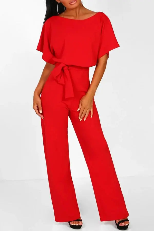 Damen Kurzen Ärmeln Weitem Bein Jumpsuit | mit Taillengürtel