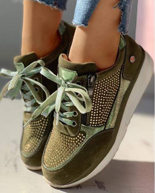 Damen Modische Plateau Sneaker | mit Schnürung und Reißverschluss