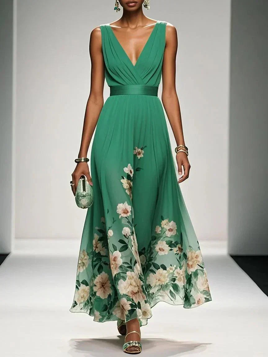 Damen Blumen Ärmellos V-Ausschnitt Hochzeitsgast Kleid | Maxi