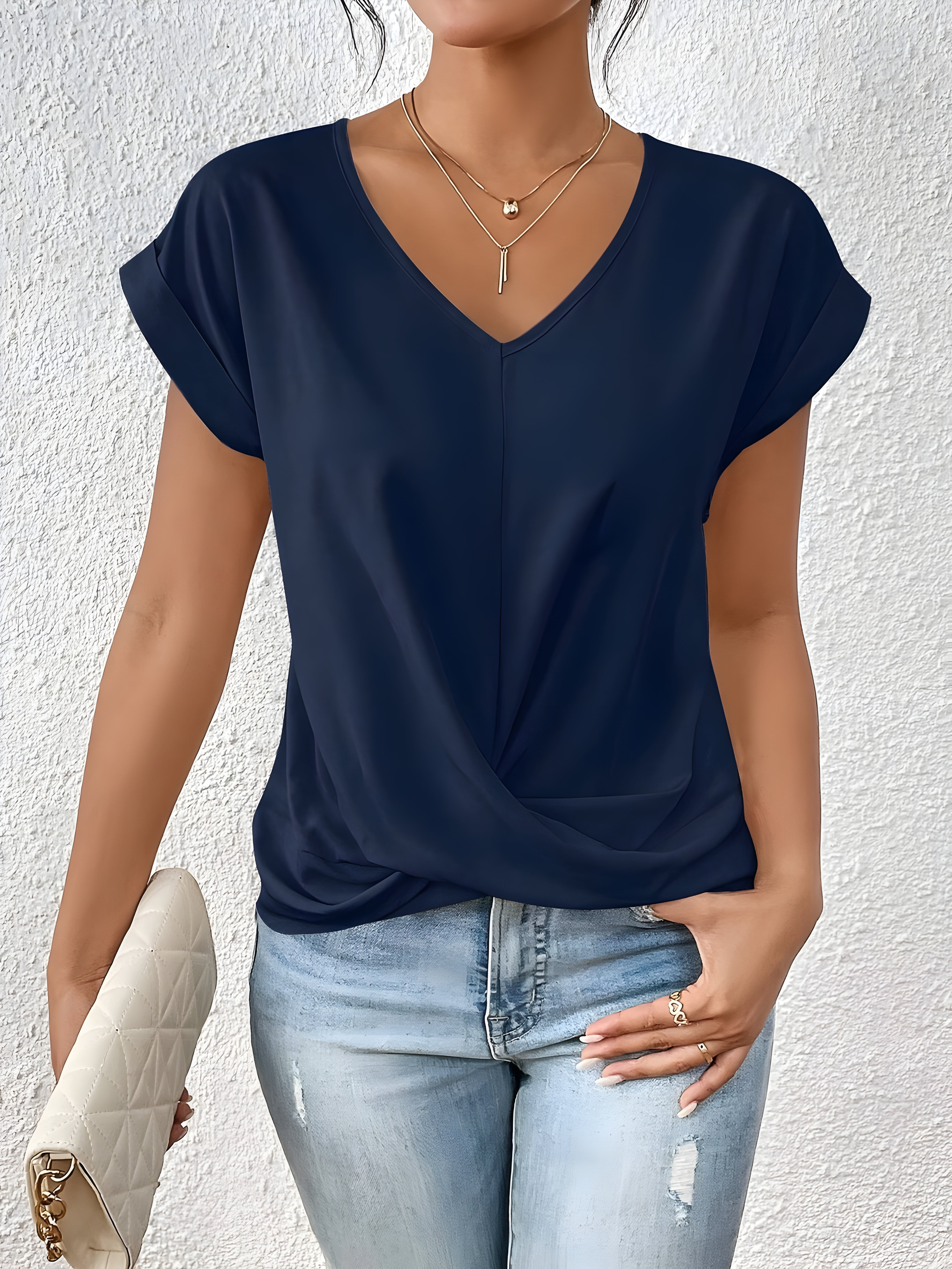 Damen Einfarbig V-Ausschnitt T-Shirt | Kurzarm