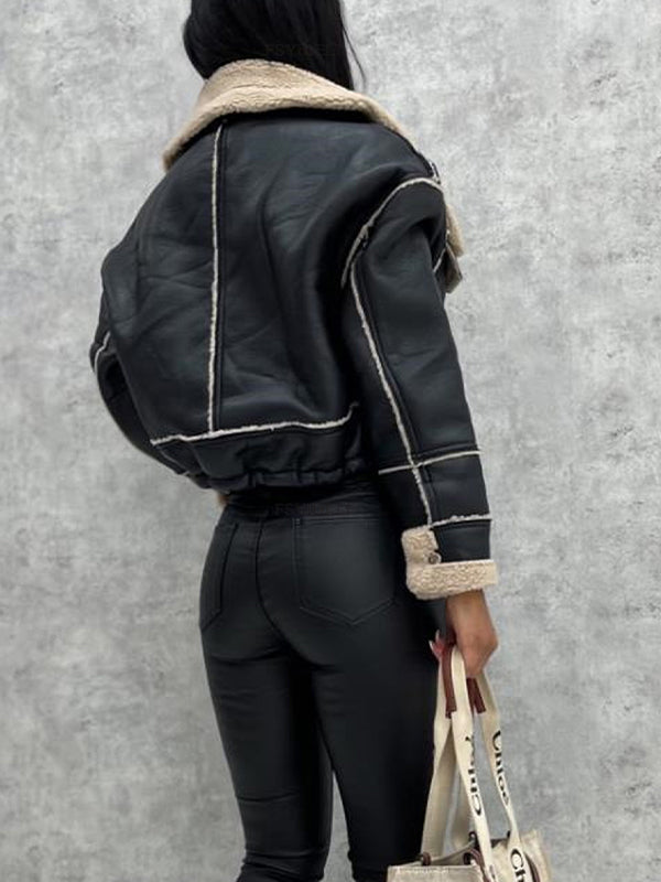 Einfarbige Vintage Lammwolle Kurzjacke mit Reißverschluss