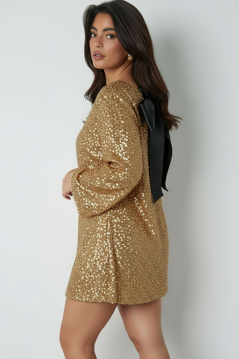 Damen Langarm Hochzeitsgast Kleid mit Schleifendetails | Mini