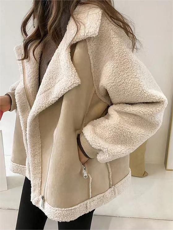 Oversize Warme Vegan Pelz Wildleder Patch Jacke