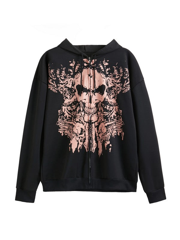 Schwarze Vintage Totenkopf Print Zip Up Oversized Hoodie