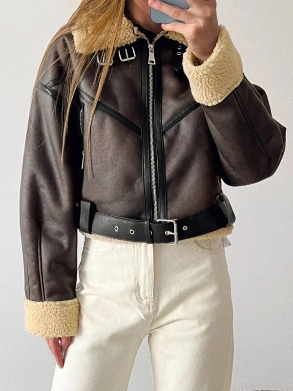 Klassische Braune Lederjacke mit Lammwoll Futter und Leder Splice