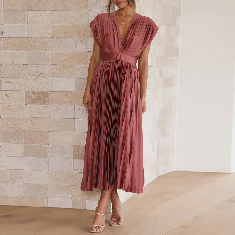 Damen V-Ausschnitt Plissiertes Abendkleid | Maxi