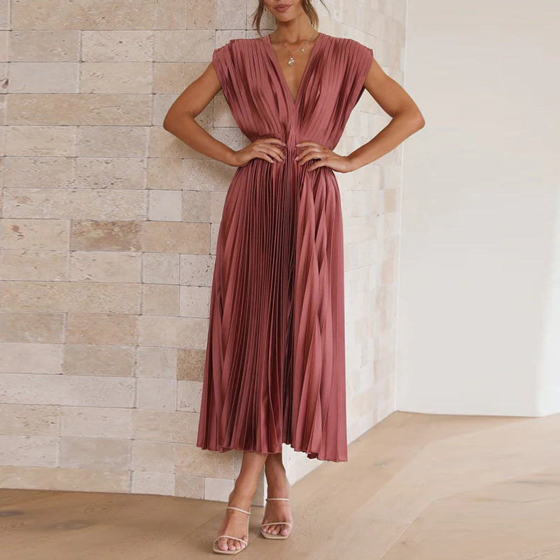 Damen V-Ausschnitt Plissiertes Abendkleid | Maxi