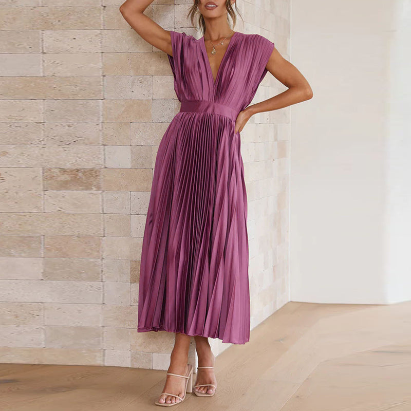 Damen V-Ausschnitt Plissiertes Abendkleid | Maxi