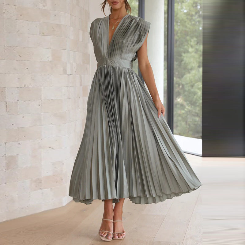 Damen V-Ausschnitt Plissiertes Abendkleid | Maxi