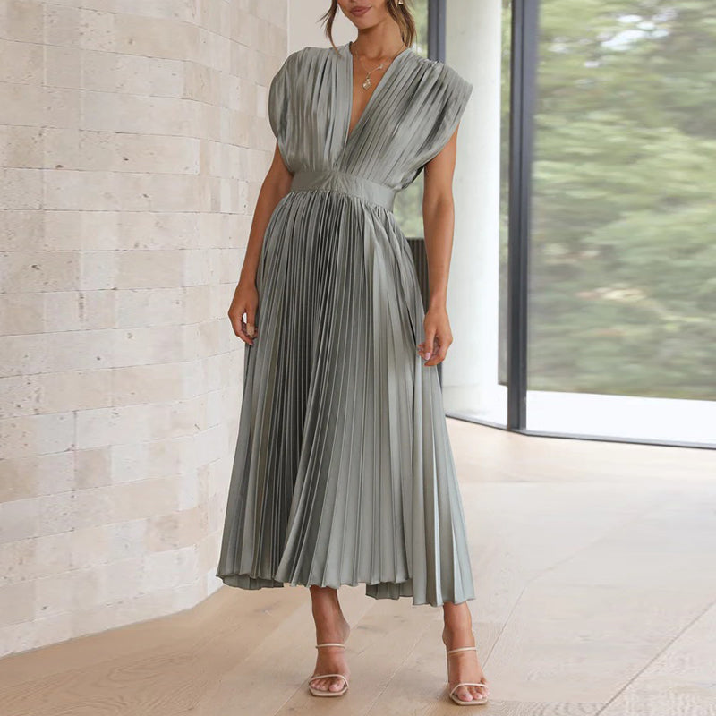 Damen V-Ausschnitt Plissiertes Abendkleid | Maxi