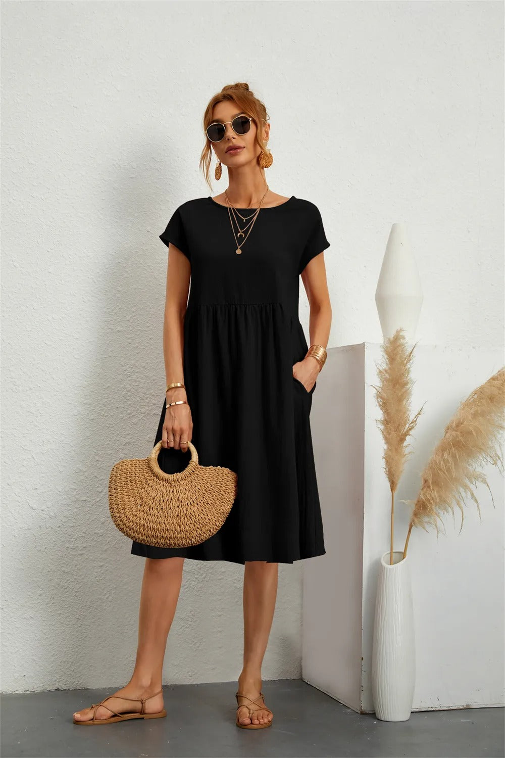Damen Lässig Kurzarm Midikleid | mit Taschen
