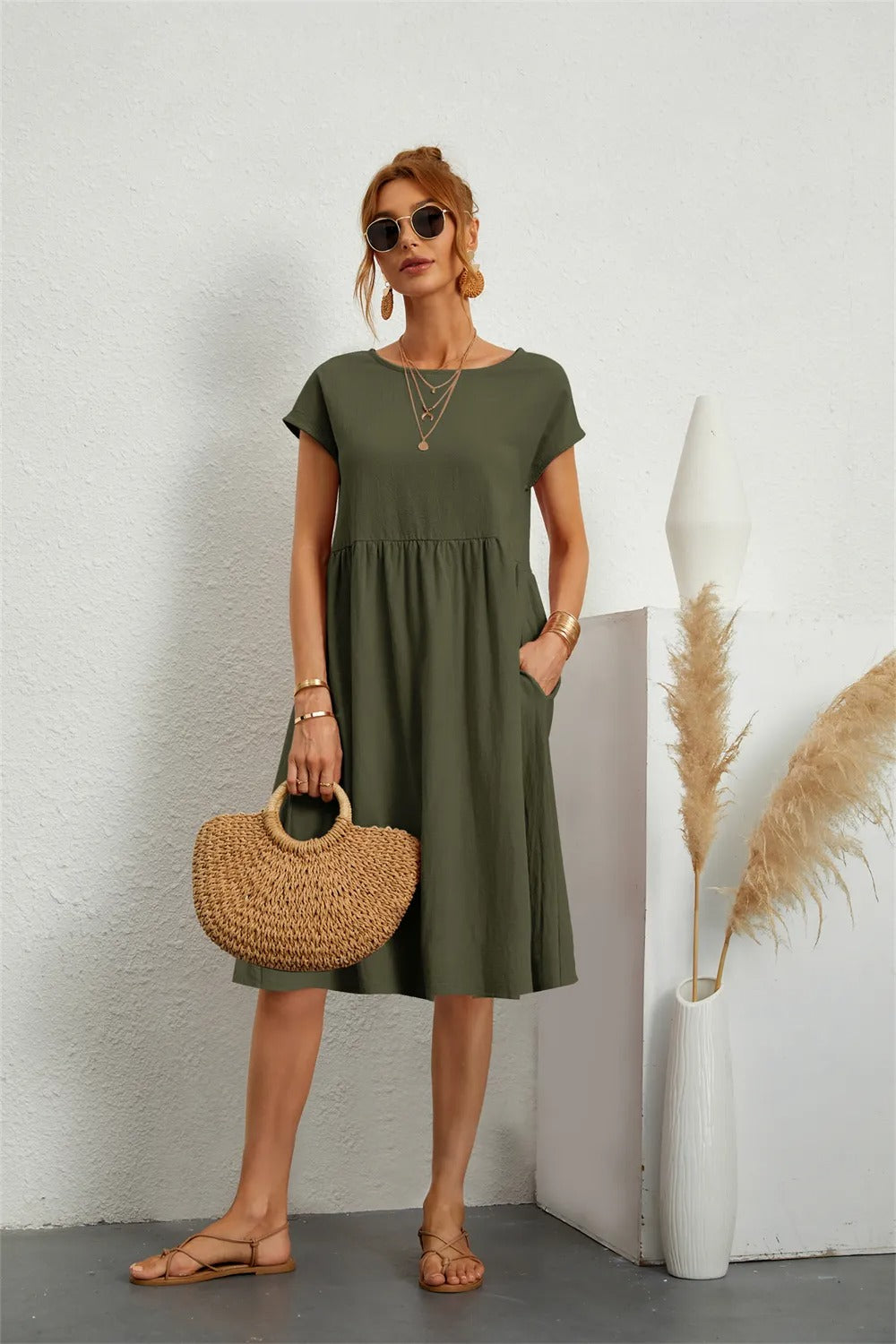 Damen Lässig Kurzarm Midikleid | mit Taschen