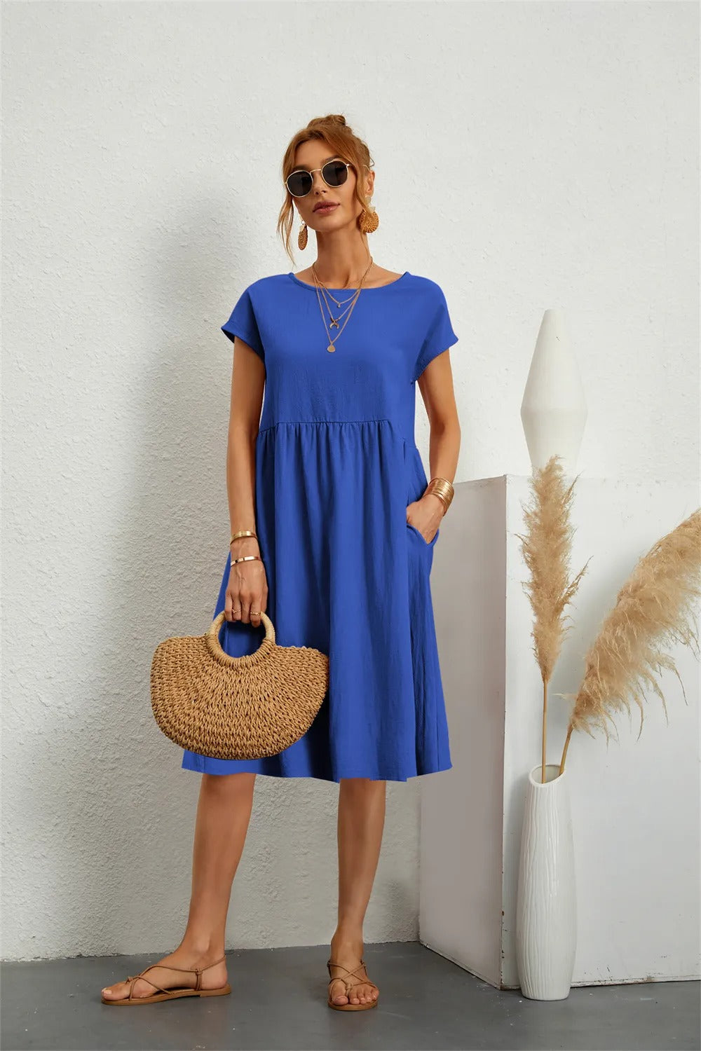 Damen Lässig Kurzarm Midikleid | mit Taschen