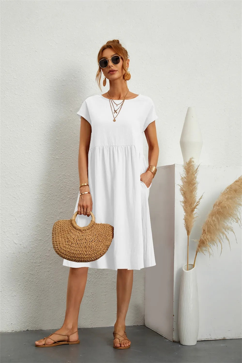 Damen Lässig Kurzarm Midikleid | mit Taschen