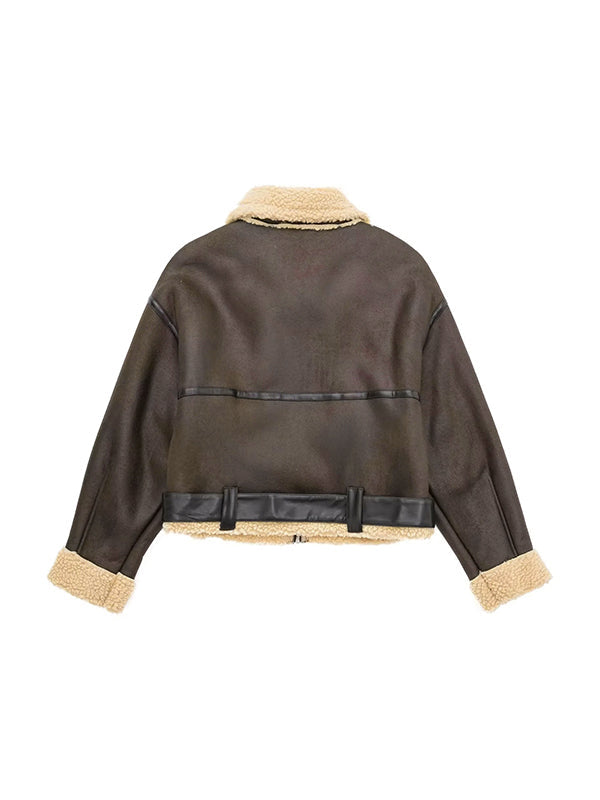 Klassische Braune Lederjacke mit Lammwoll Futter und Leder Splice