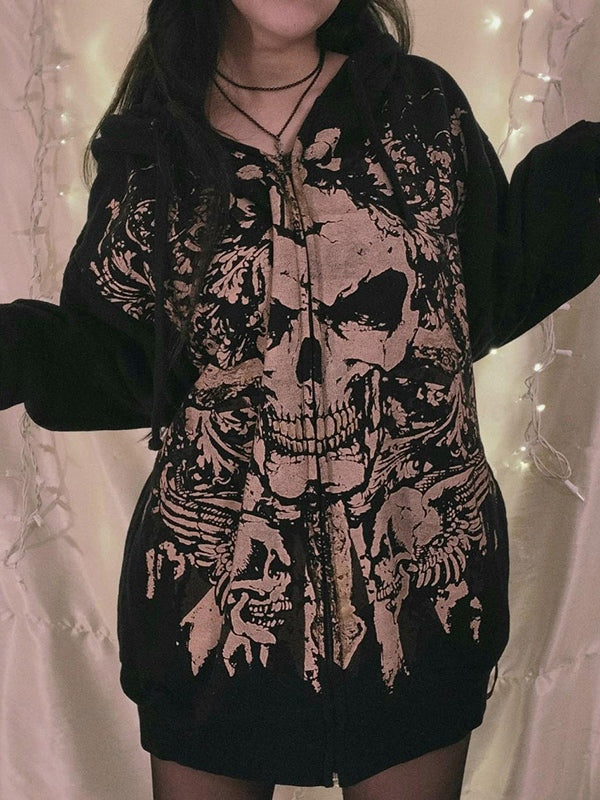 Schwarze Vintage Totenkopf Print Zip Up Oversized Hoodie