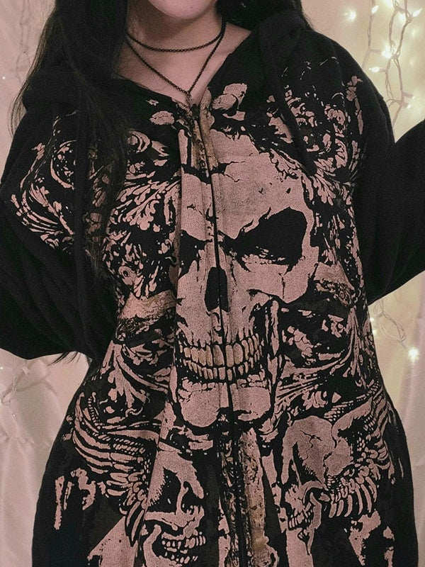 Schwarze Vintage Totenkopf Print Zip Up Oversized Hoodie