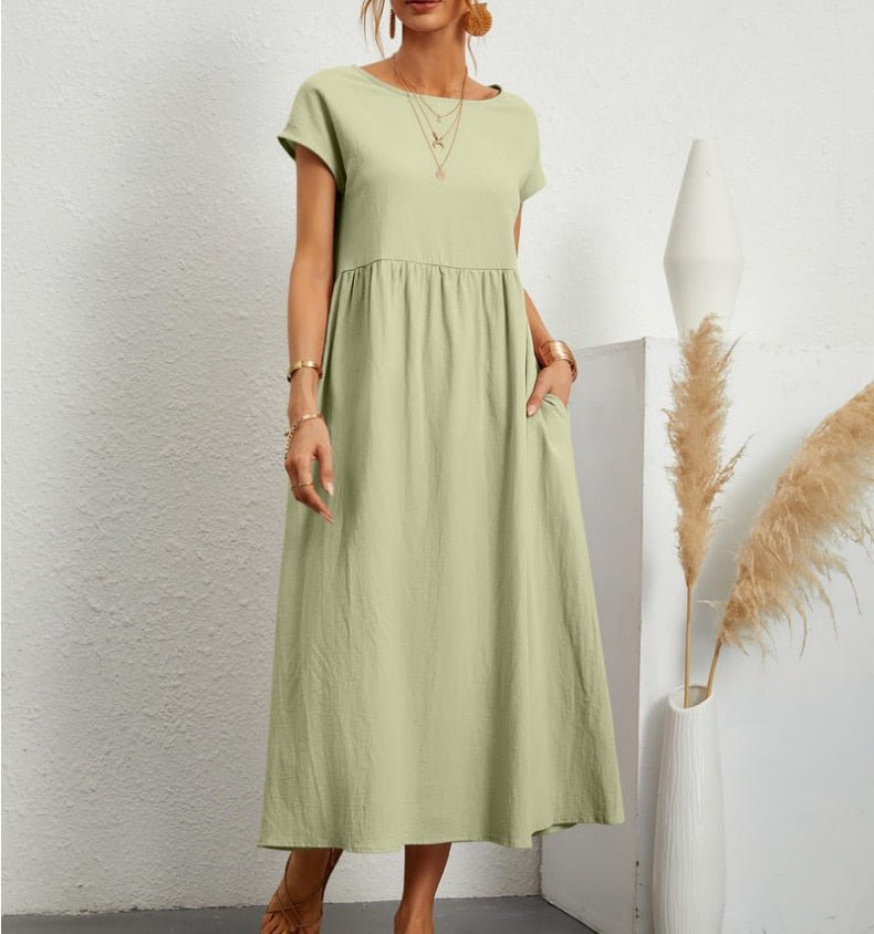 Damen Lässig Midikleid | Kurze Ärmel mit Taschen