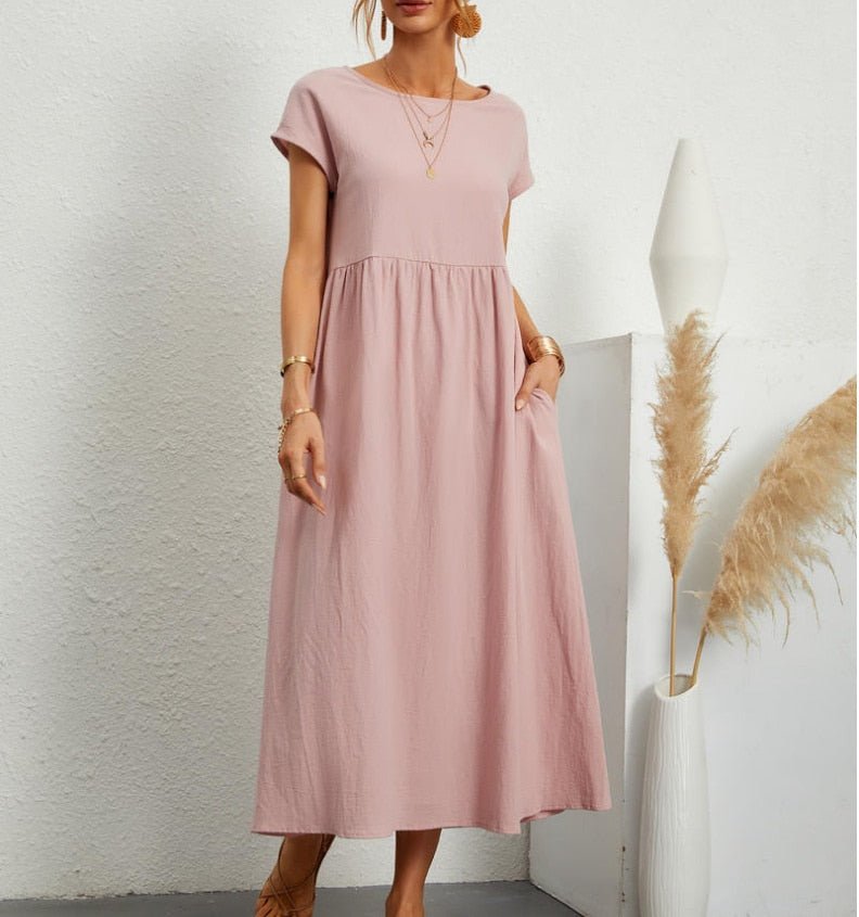 Damen Lässig Midikleid | Kurze Ärmel mit Taschen