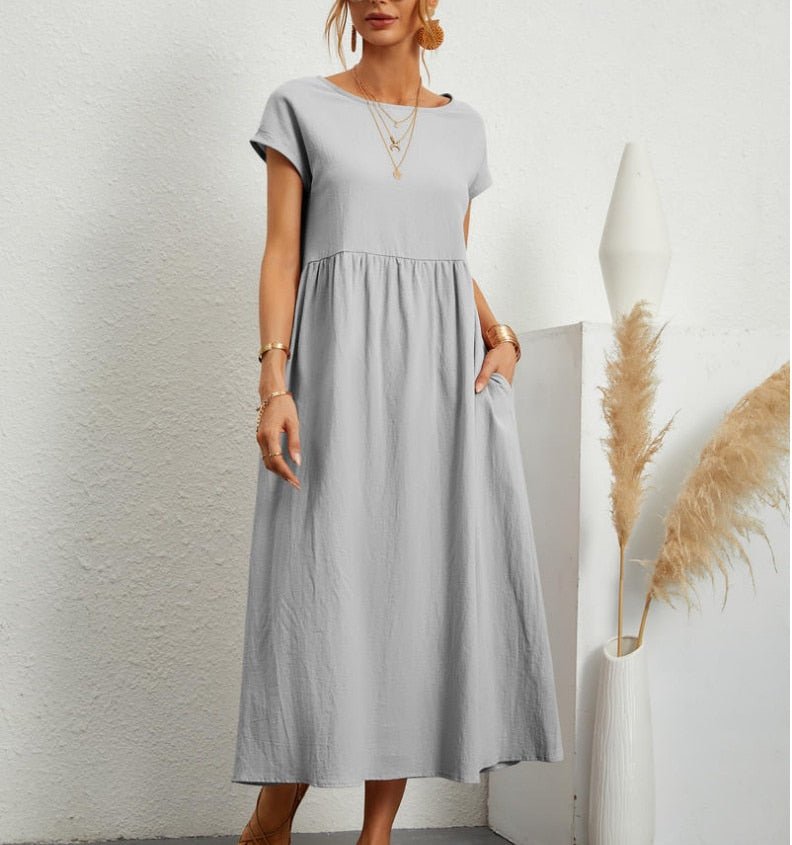 Damen Lässig Midikleid | Kurze Ärmel mit Taschen