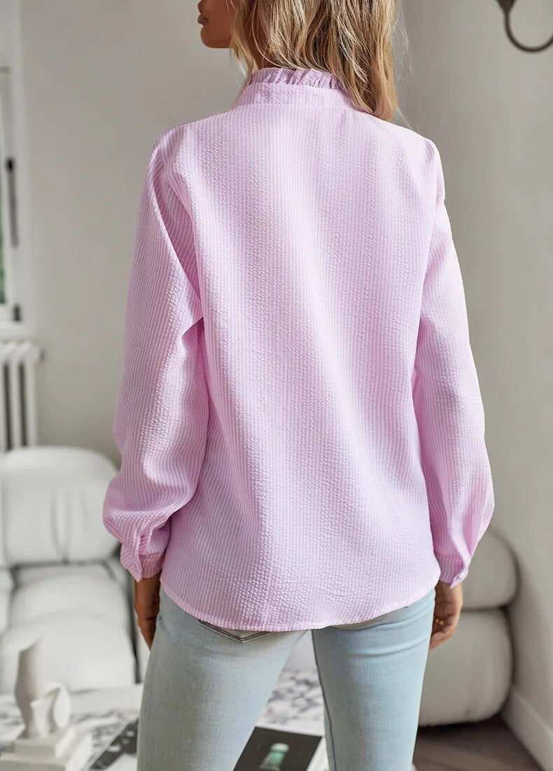 Damen Rüschenbesatz Knopfleiste Bluse | Langärmlig