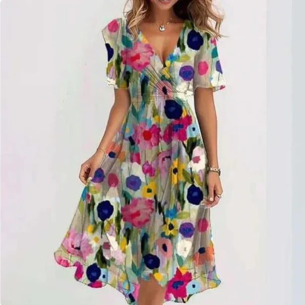 Damen Kurzarm Blumen Sommerkleid | Midi