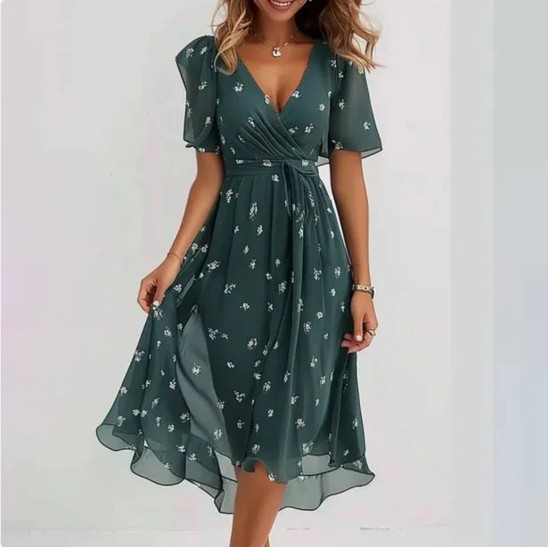 Damen Kurzarm Blumen Sommerkleid | Midi