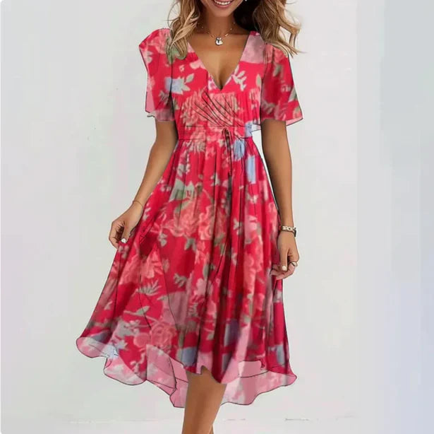 Damen Kurzarm Blumen Sommerkleid | Midi