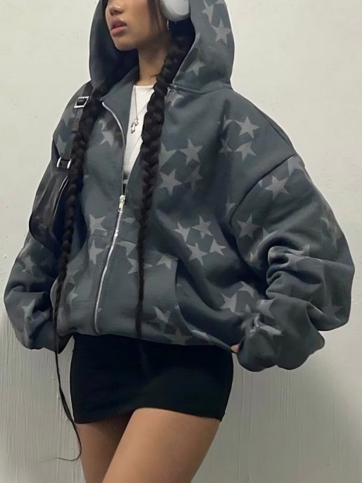 Oversized Stern Motiv Hoodie mit Reißverschluss