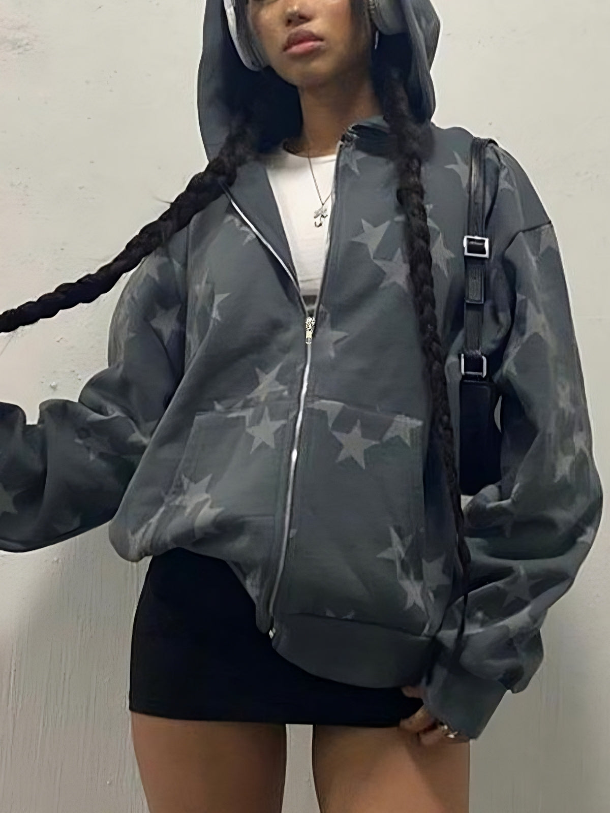 Oversized Stern Motiv Hoodie mit Reißverschluss
