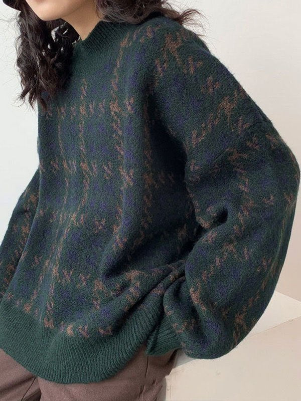 Vintage Grüner Strickpullover mit Karomuster