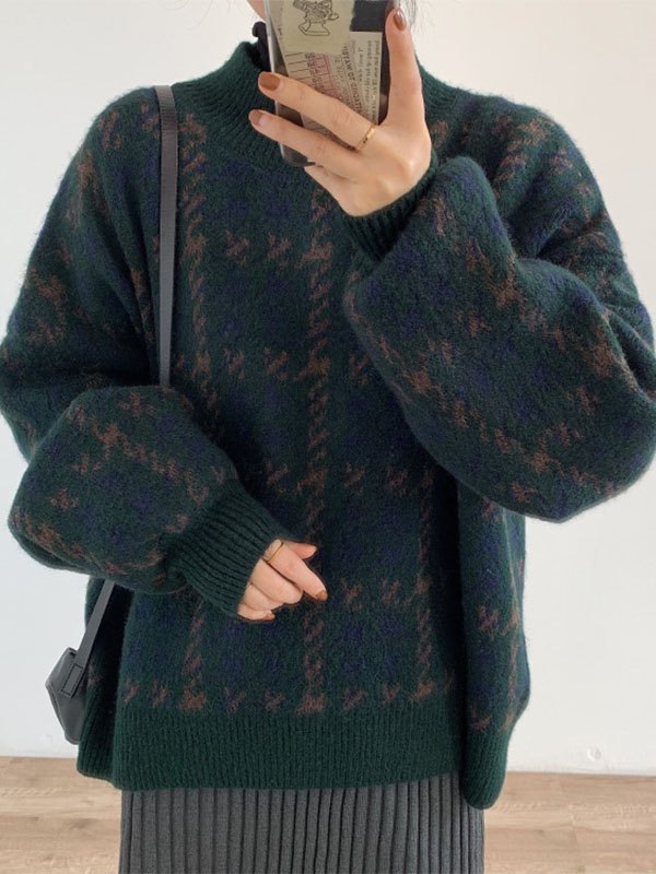Vintage Grüner Strickpullover mit Karomuster