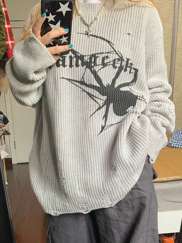 Grauer Punk Rippstrickpullover mit Aufgedruckter Spinne