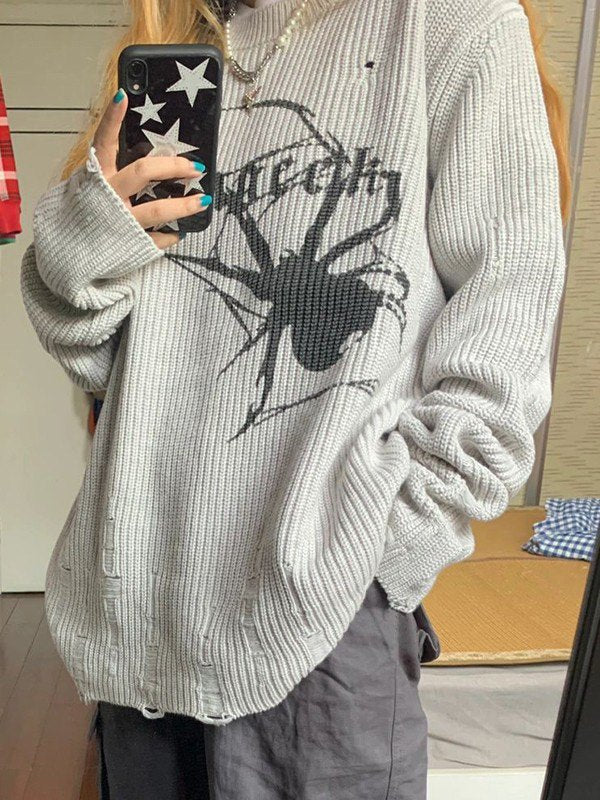 Grauer Punk Rippstrickpullover mit Aufgedruckter Spinne