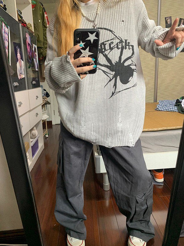 Grauer Punk Rippstrickpullover mit Aufgedruckter Spinne