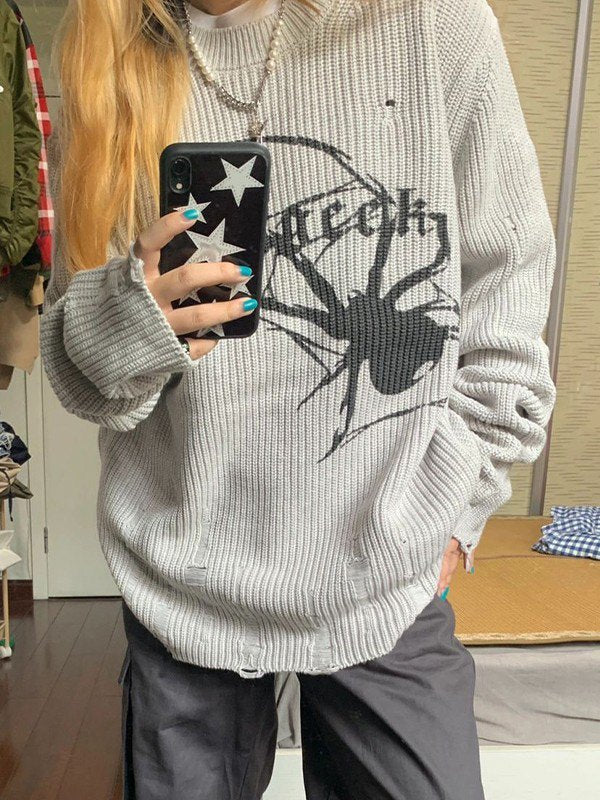 Grauer Punk Rippstrickpullover mit Aufgedruckter Spinne