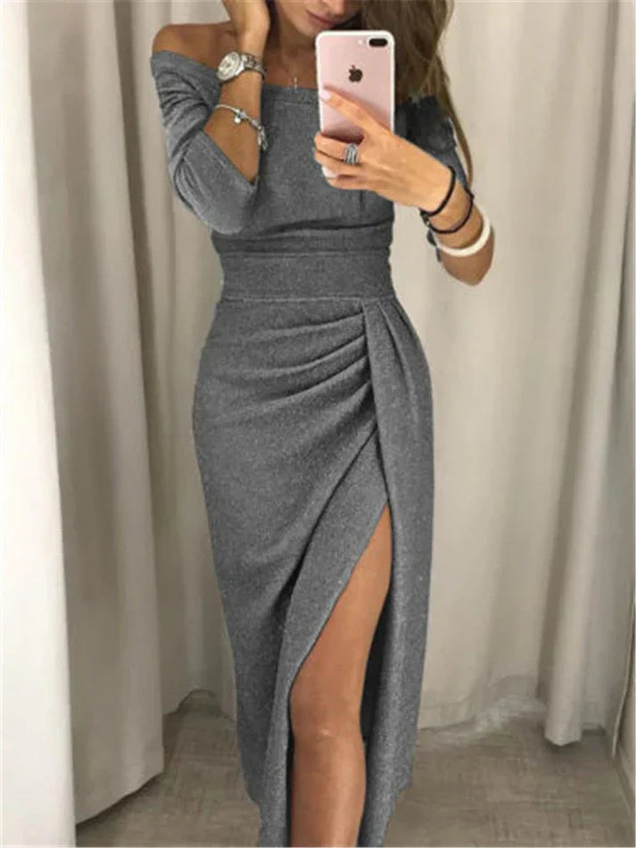 Damen Schulterfrei Midi Abendkleid  | mit Hohem Schlitz
