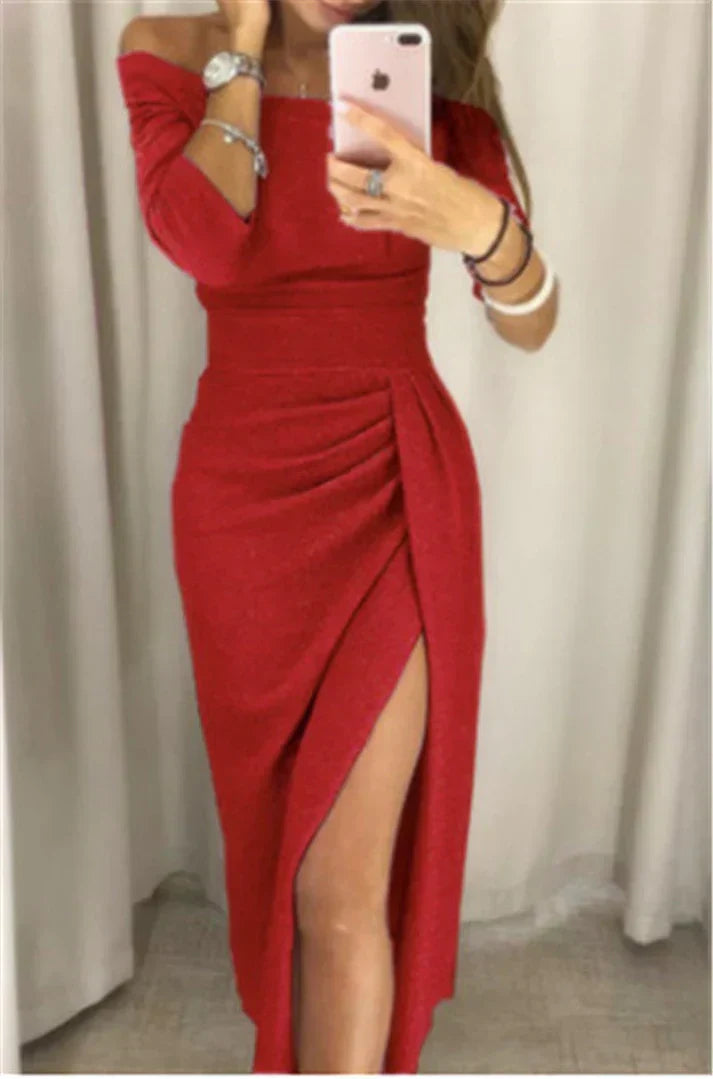 Damen Schulterfrei Midi Abendkleid  | mit Hohem Schlitz