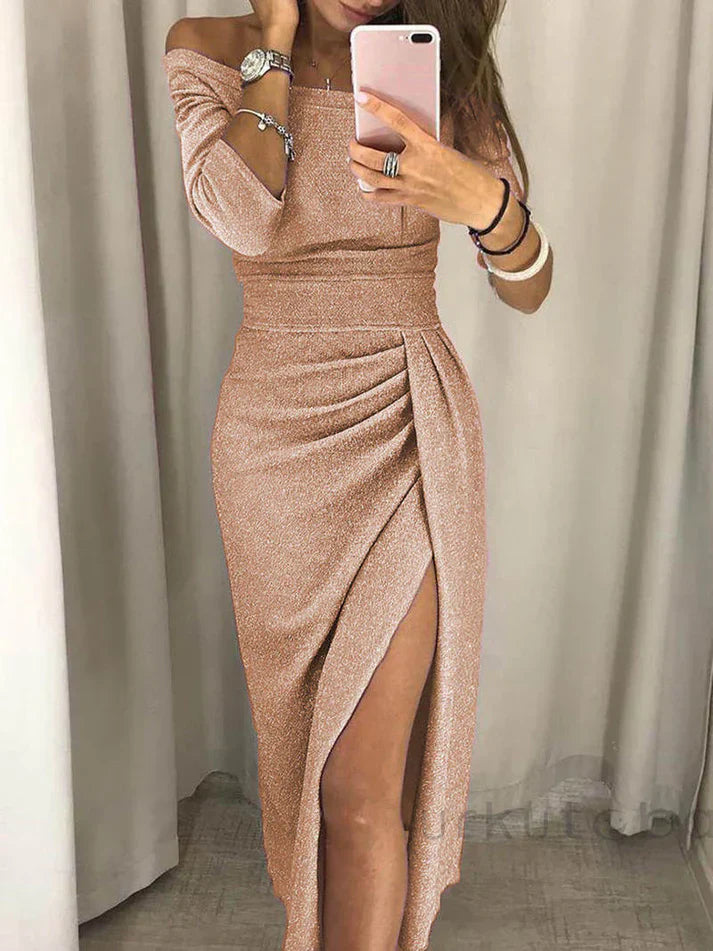 Damen Schulterfrei Midi Abendkleid  | mit Hohem Schlitz