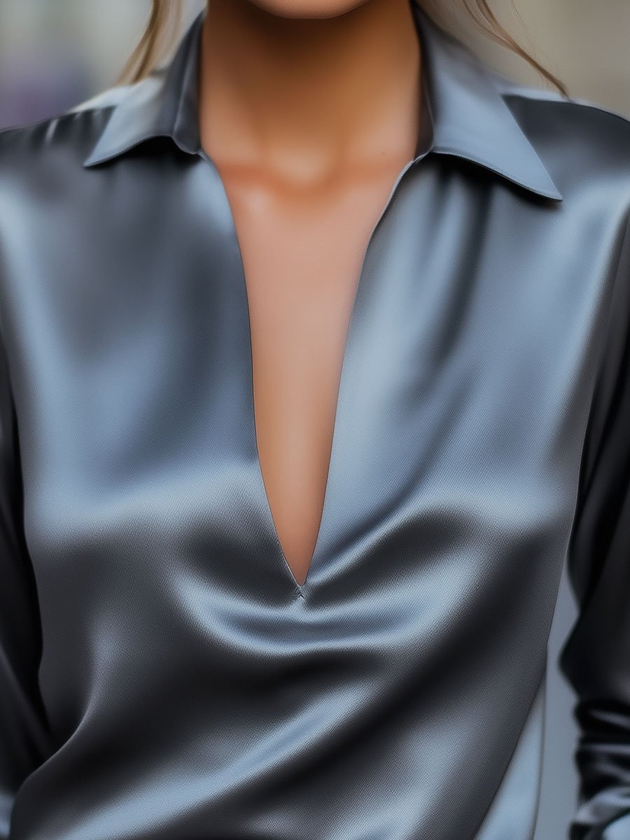 Damen Tiefem V-Ausschnitt Bluse | Lange Ärmel