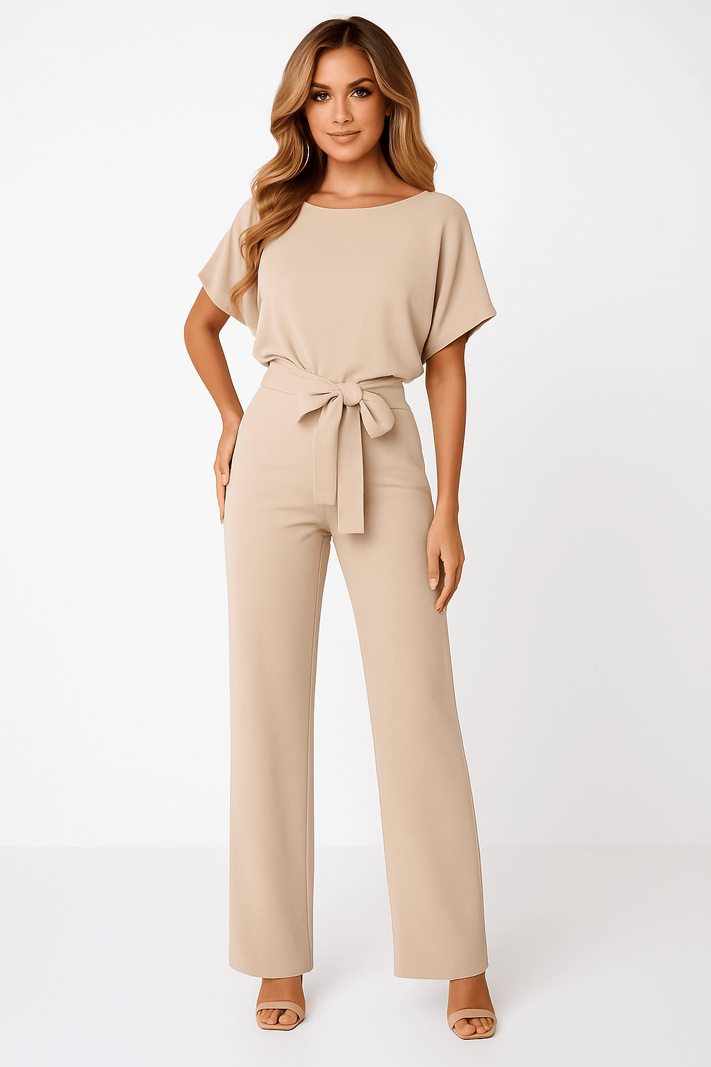 Damen Rundhalsausschnitt Weites Bein Jumpsuit | mit Bindegürtel