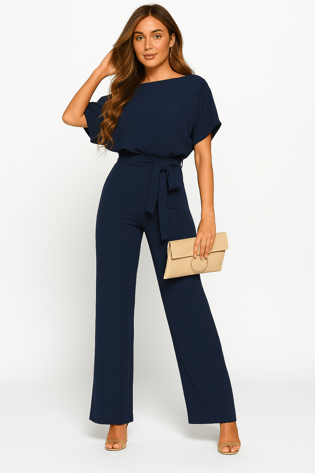 Damen Rundhalsausschnitt Weites Bein Jumpsuit | mit Bindegürtel