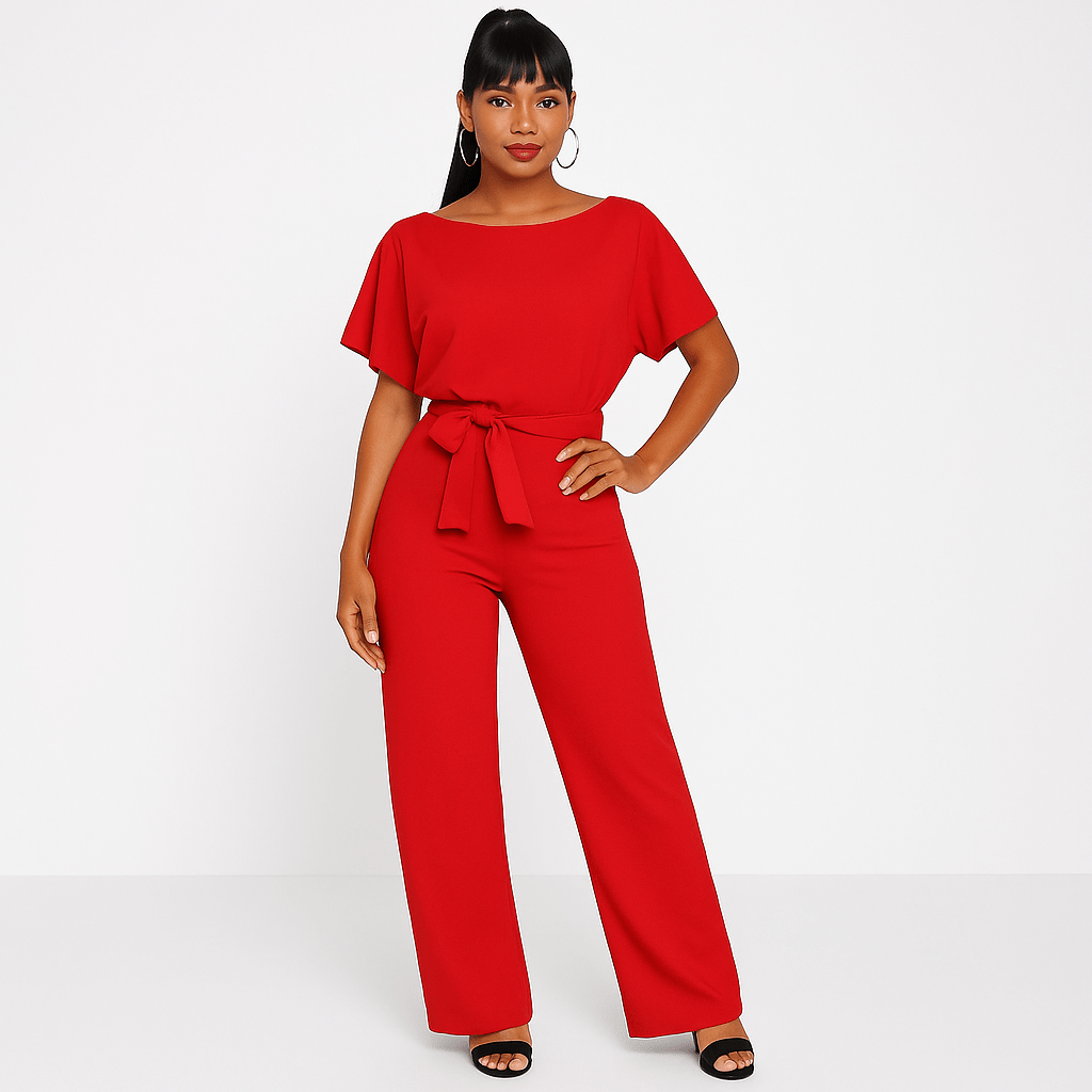 Damen Rundhalsausschnitt Weites Bein Jumpsuit | mit Bindegürtel