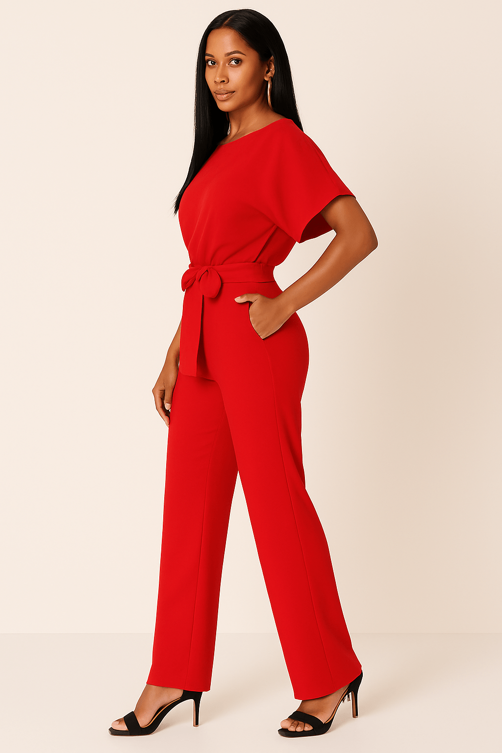 Damen Rundhalsausschnitt Weites Bein Jumpsuit | mit Bindegürtel