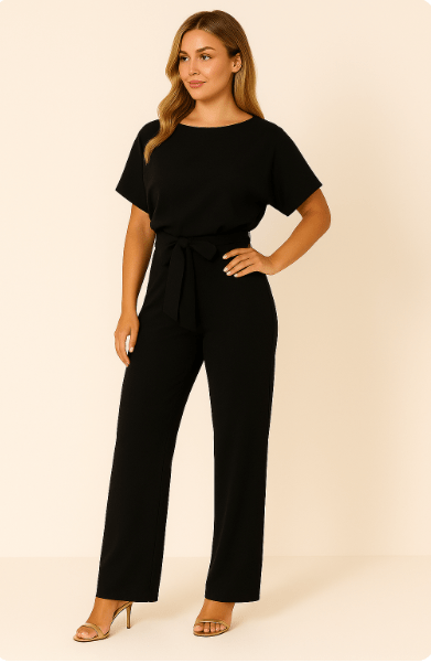 Damen Rundhalsausschnitt Weites Bein Jumpsuit | mit Bindegürtel