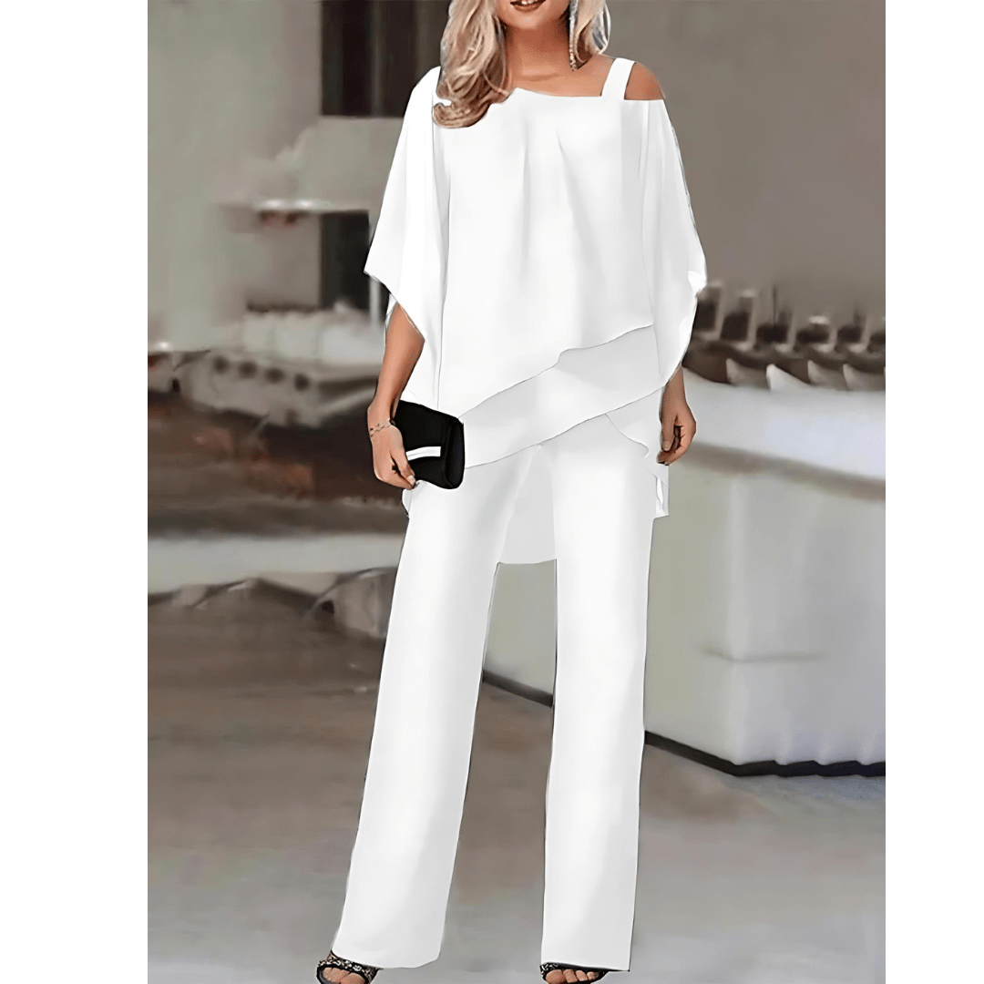 Damen Asymmetrisches Schulterfreies Top und Weite Bein Hose | Zweiteiler