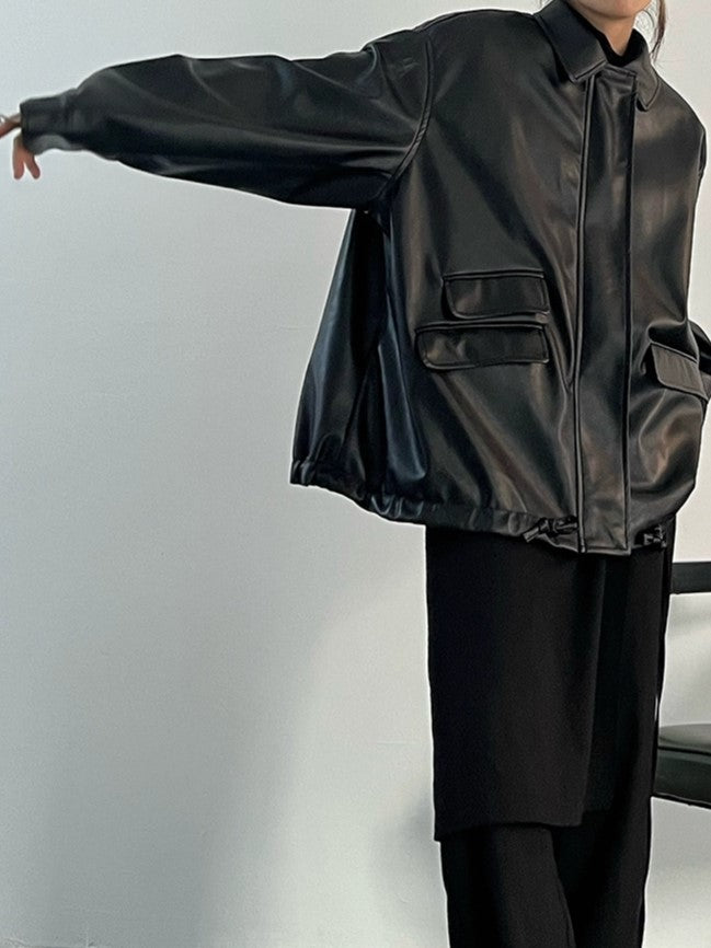 Retro Oversized Schwarze Faux Lederjacke mit Reißverschluss