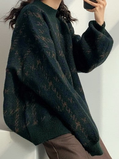 Vintage Grüner Strickpullover mit Karomuster